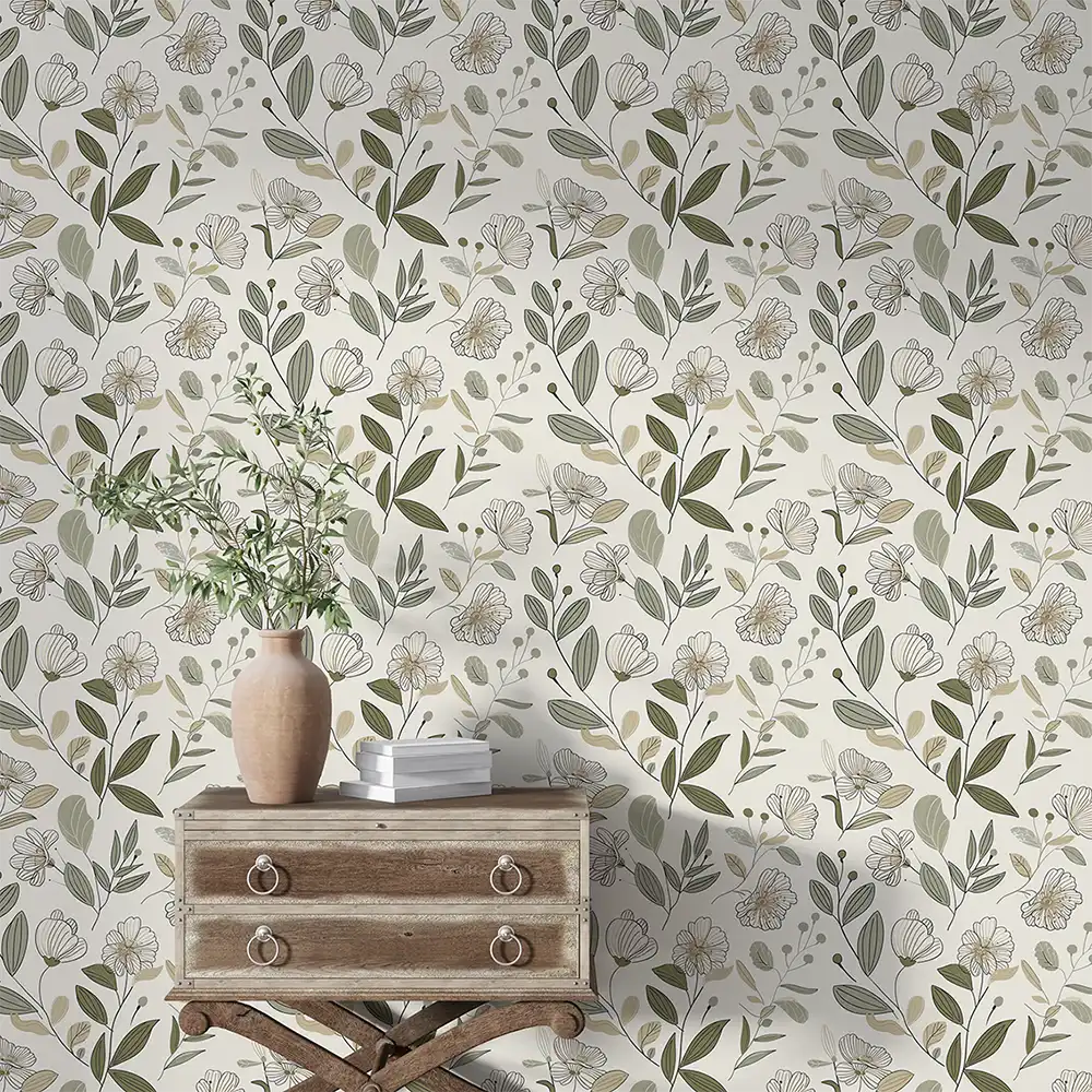 Changeable Sage Green Floral Wallpaper for a stylish living room.