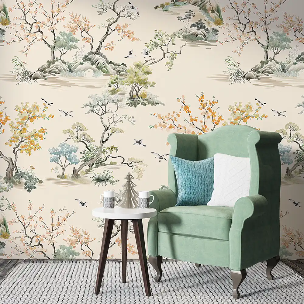 Chinoiserie Landscape Wallpaper for a tranquil bedroom retreat.