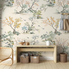 Chinoiserie Landscape Wallpaper to add elegance to your living room.