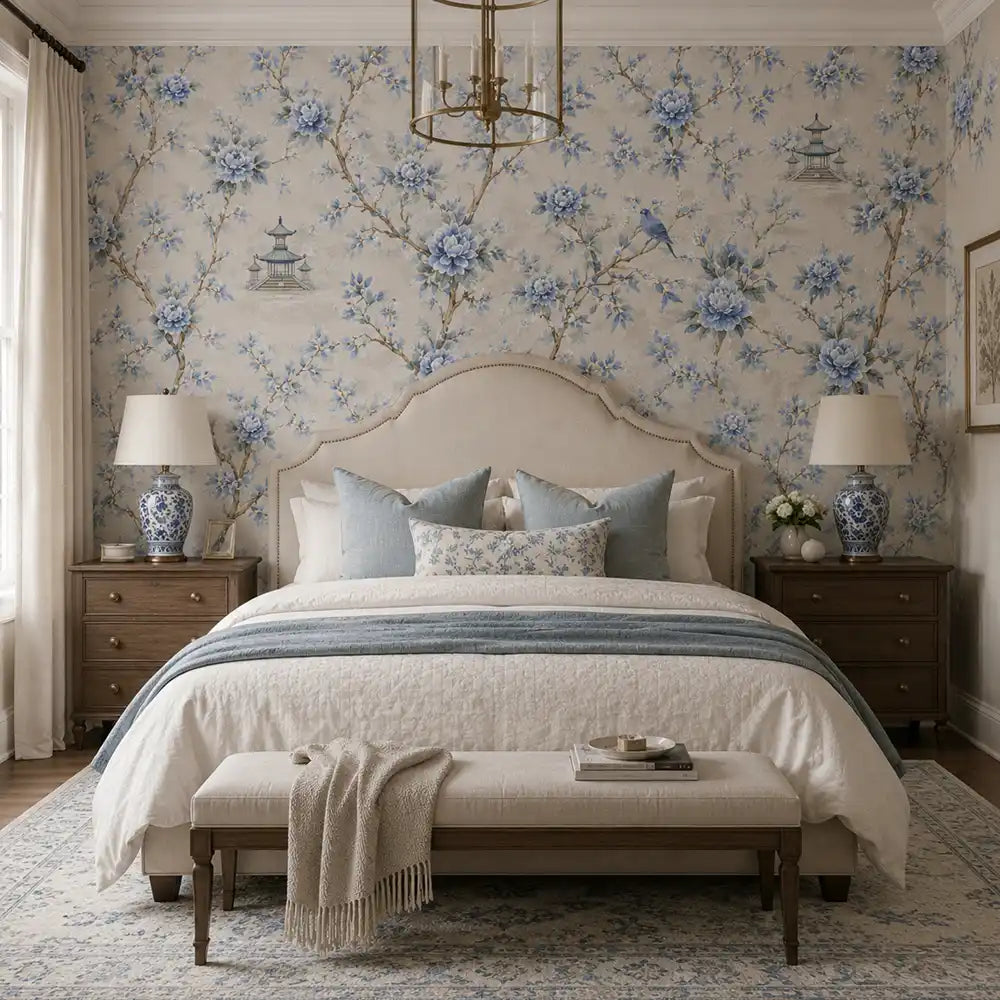Classic blue chinoiserie garden wallpaper used on a dining room wall.