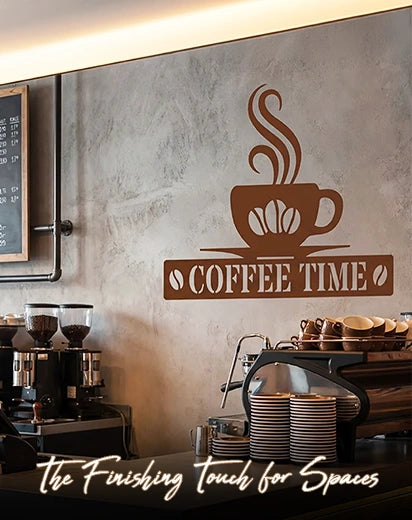 Coffee Time metal-look wall decal sticker on a concrete wall in a cafe