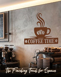 Coffee Time metal-look wall decal sticker on a concrete wall in a cafe