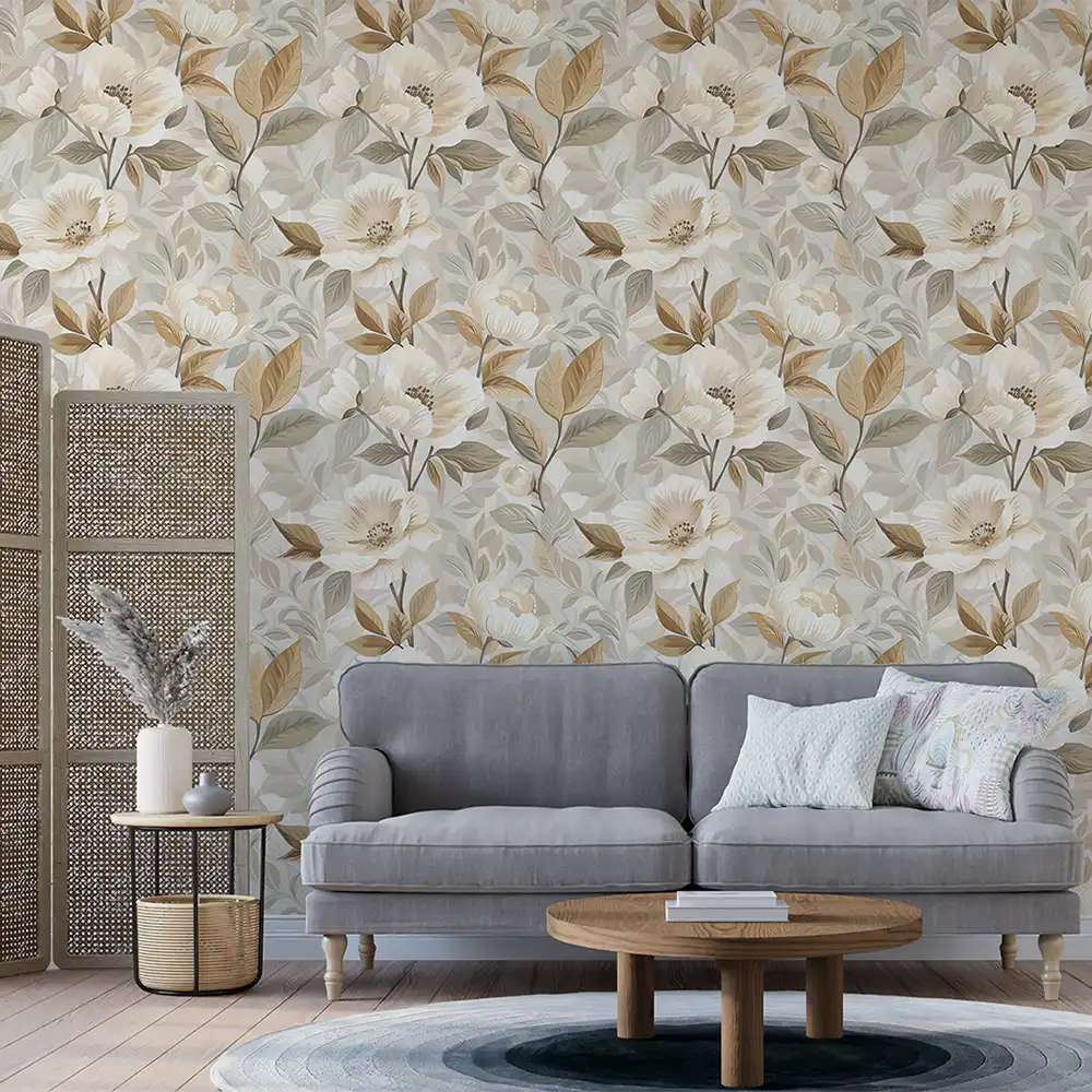 Comfortable Beige and Gold Floral Wallpaper designs for every home.