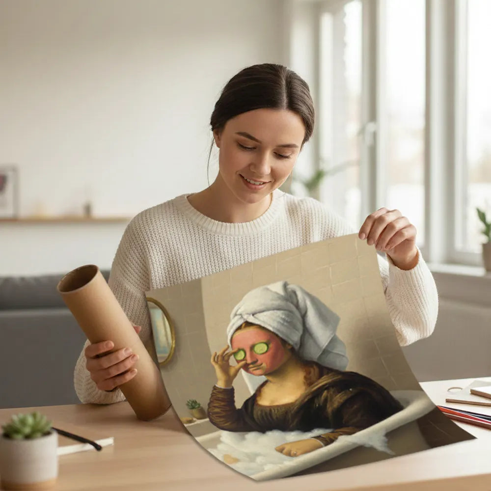 Comfortable funny modern Mona Lisa parody art poster sticker adds a playful office vibe.