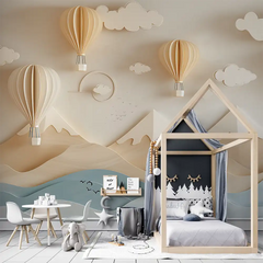 Comfortable hot air balloon nursery wallpaper sticker for playroom wall creates calm.