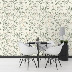 Comfortable ivory botanical vine wallpaper sticker for bedroom wall adds softness.