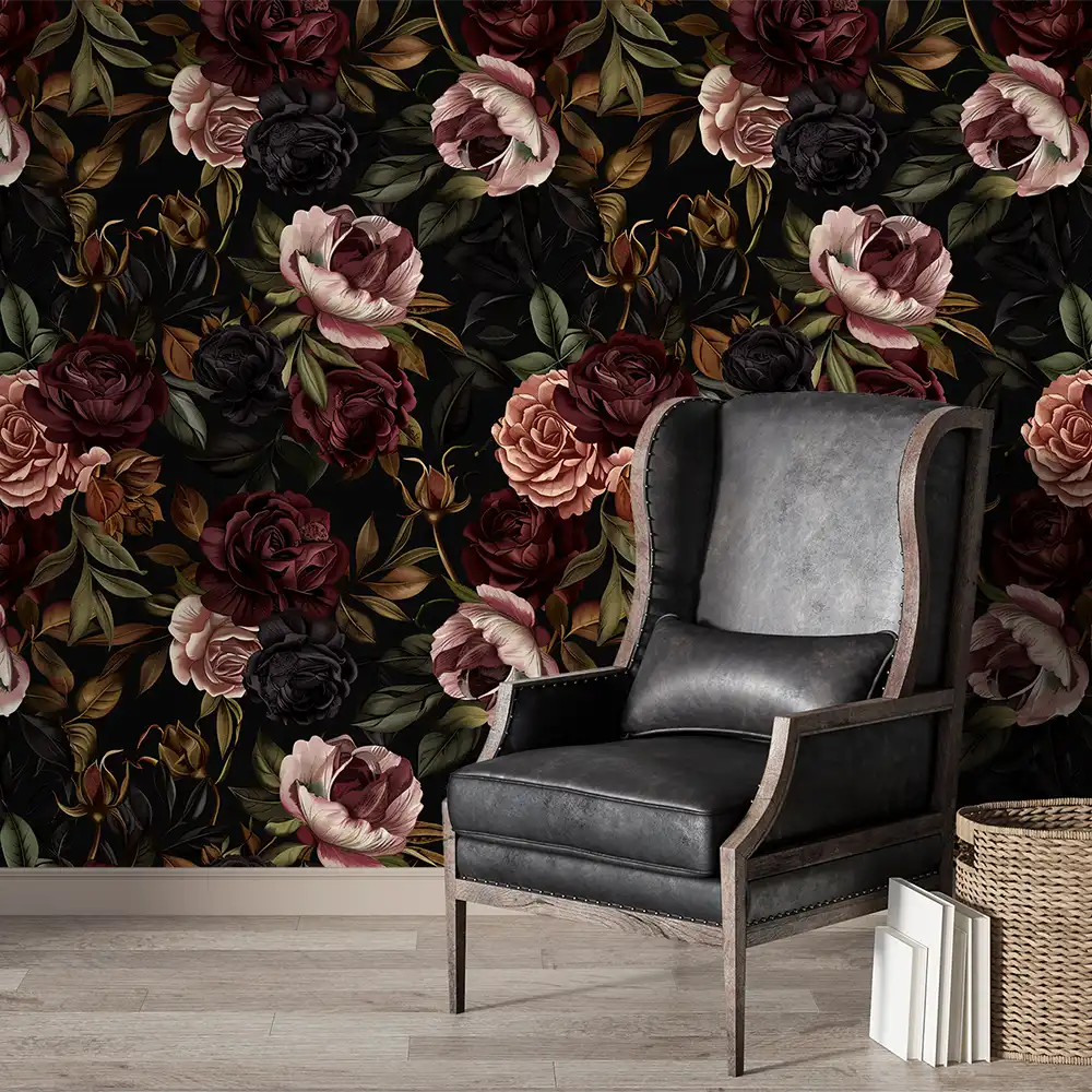 Comfortable Moody Dark Rose Botanical Wall Mural for creative offices.
