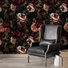 Comfortable Moody Dark Rose Botanical Wall Mural for creative offices.