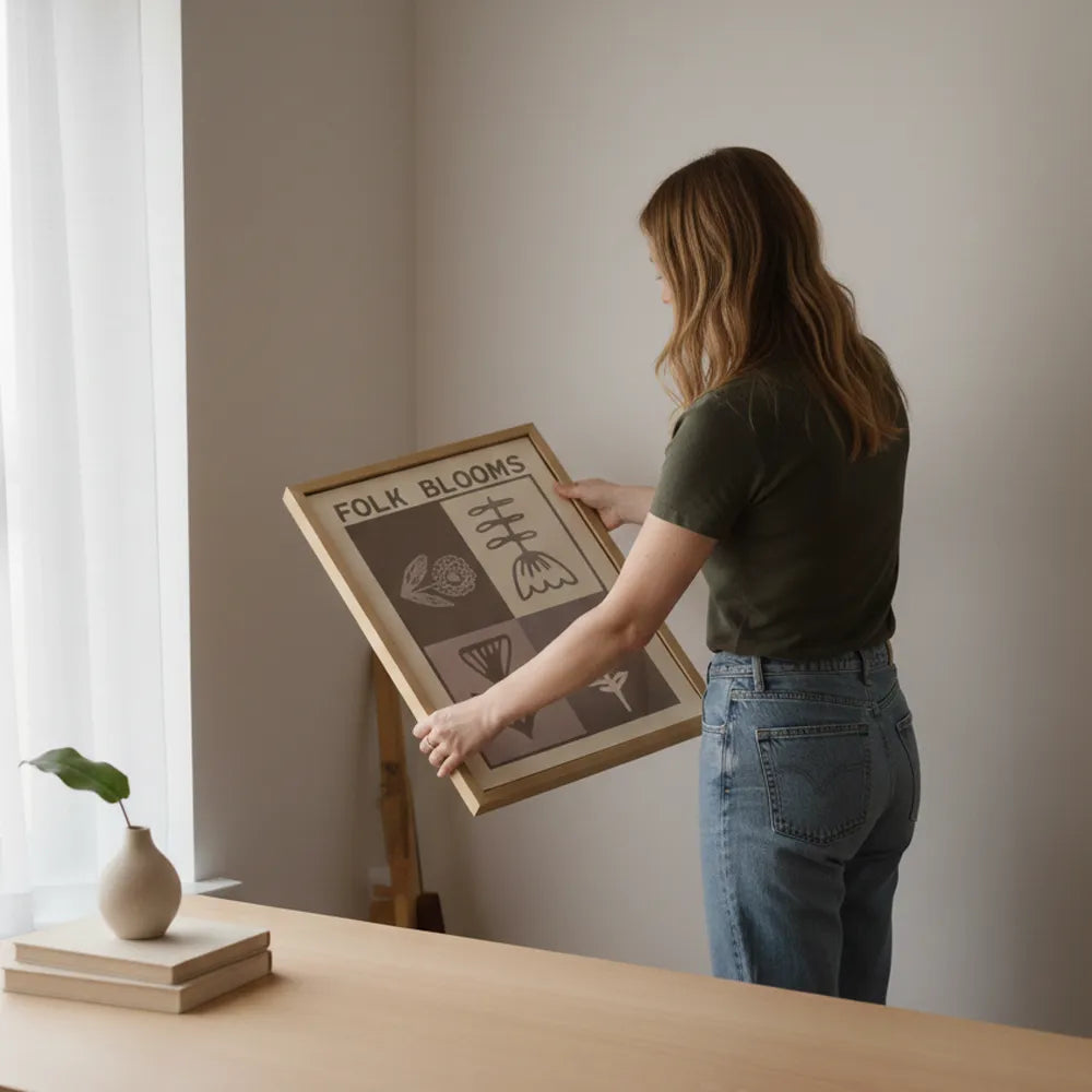 Comfortable neutral folk botanical minimalist art poster sticker adds calm sophistication.