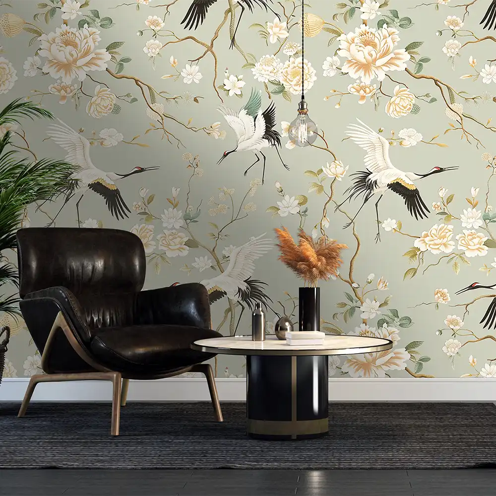 Comfortable sage green chinoiserie crane wallpaper sticker for office wall decor adds calm.