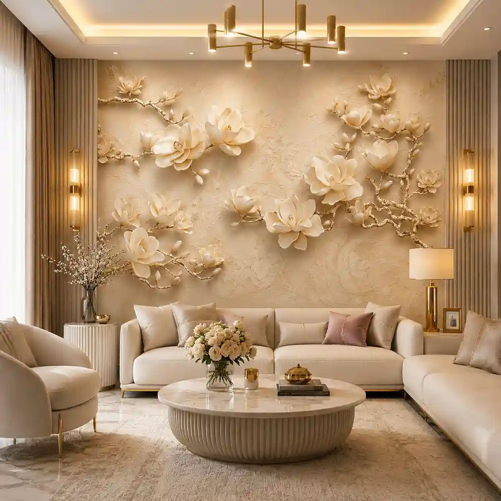 Magnolia relief mural wallpaper in a cream living room with curved sofa