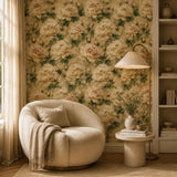 Ivory and blush color palette of cream peony wallpaper for calm rooms.
