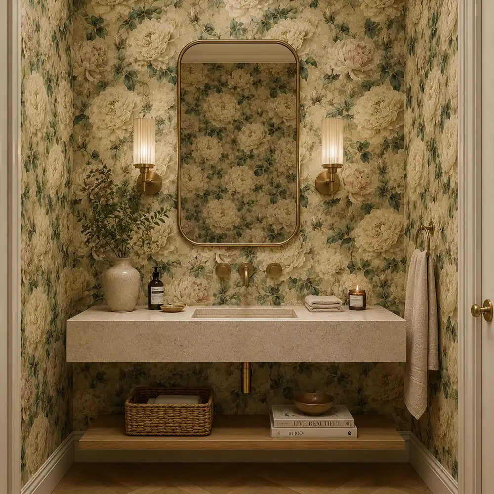 Pattern detail of cream peony wallpaper showing layered petals and leaves.
