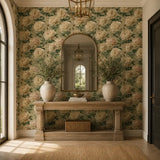 Texture close up of cream peony wallpaper with a matte painted surface.
