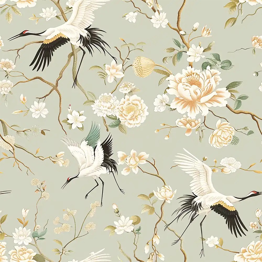 Enhance your home with sage green chinoiserie crane wallpaper sticker for wall decor.