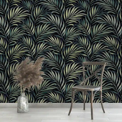 Dark tropical palm removable wallpaper bedroom installation, bold jungle canopy wall