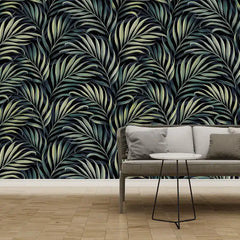 Jungle wallpaper sample tile showing deep charcoal botanical pattern scale and texture