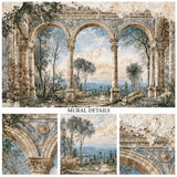 Mural details of distressed plaster arches, columns and a hazy Tuscan valley view