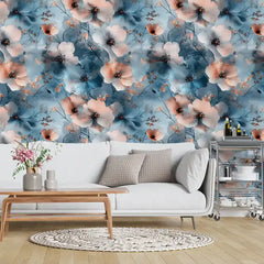 Dreamy floral removable wallpaper sample tile showing muted blue blossom pattern scale
