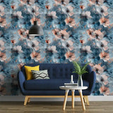 Dreamy blue floral wallpaper close-up with watercolor blossom and soft indigo detail