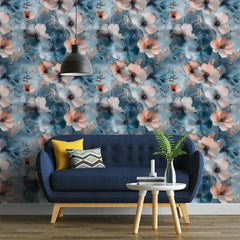 Dreamy blue floral wallpaper close-up with watercolor blossom and soft indigo detail