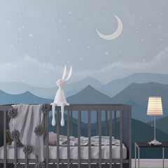 Soft Blue Night Mountain Wallpaper – Calm Peel-and-Stick Bedroom Kids Room Design