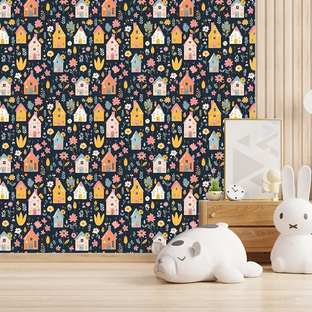 Durable colorful houses and floral kids room nursery wallpaper lasts long.