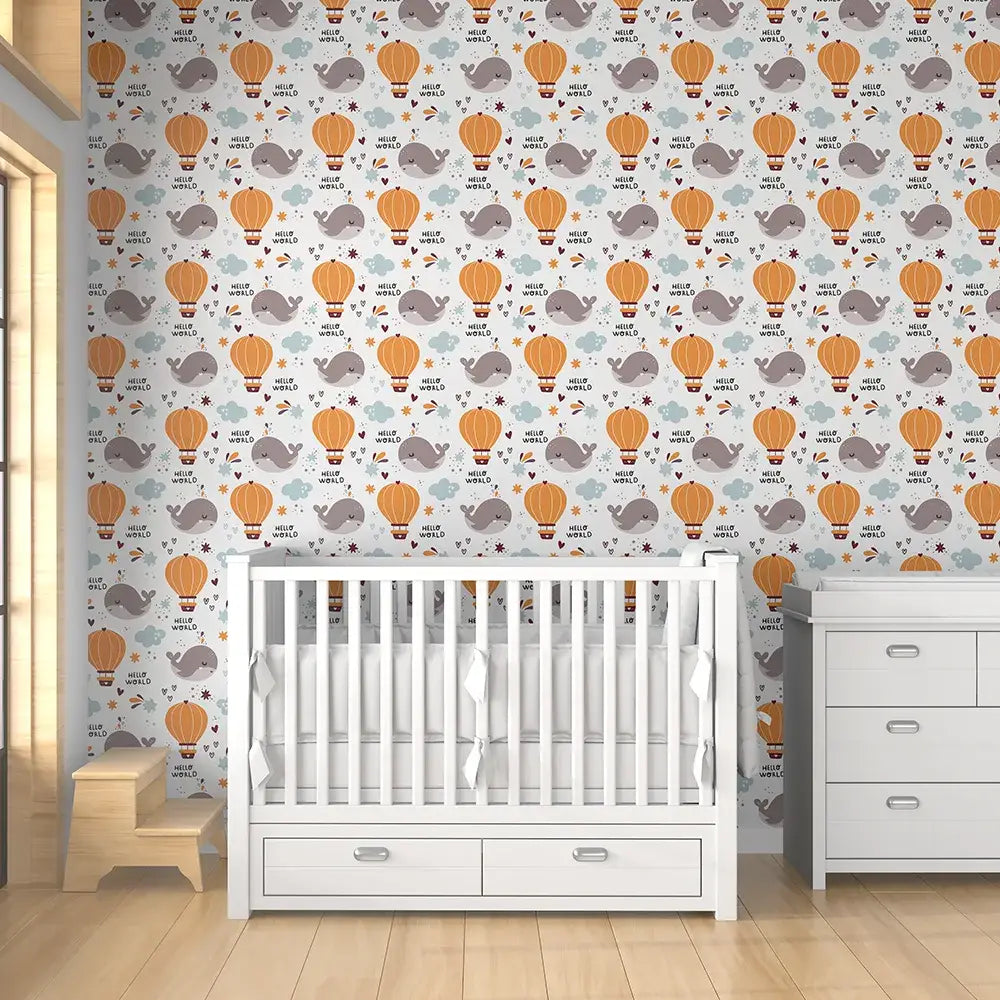 Durable hello world whale and balloon kids room nursery wallpaper lasts long.