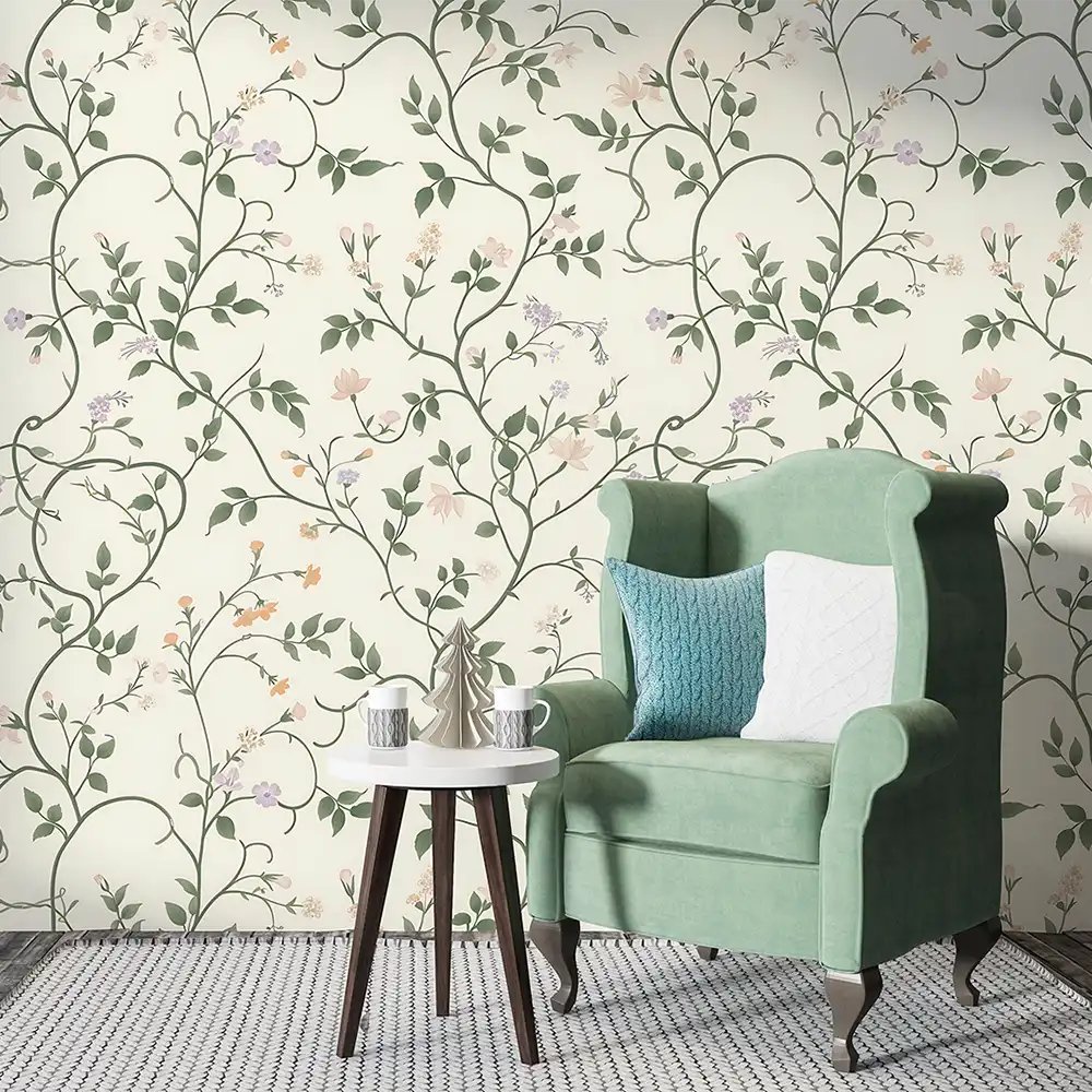 Durable ivory botanical vine wallpaper sticker ensures lasting visual elegance.