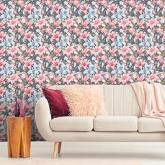 Durable romantic pastel floral wallpaper offers long lasting visual appeal.