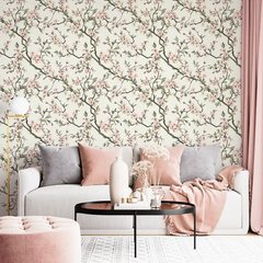 Durable soft pink sakura botanical wall mural sticker ensures lasting visual charm.