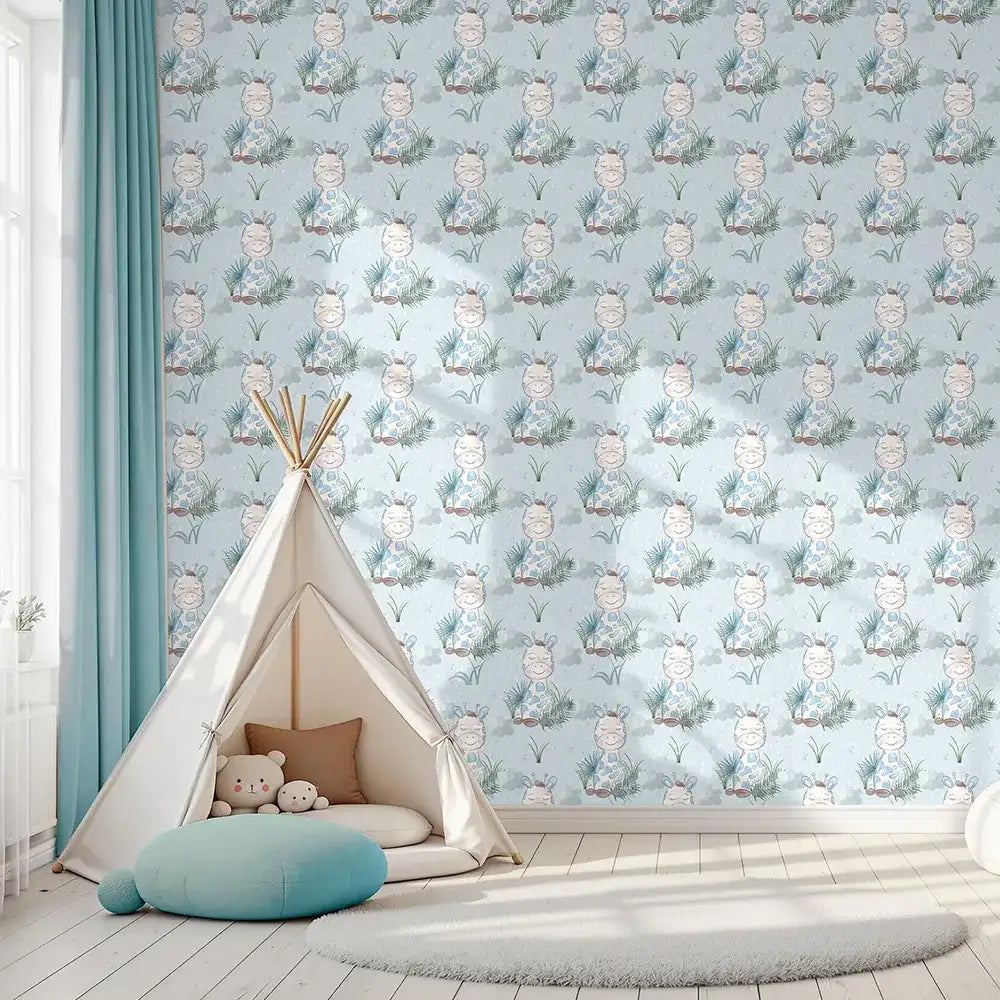 Elegant baby giraffe rainy jungle kids room nursery wallpaper feels warm.