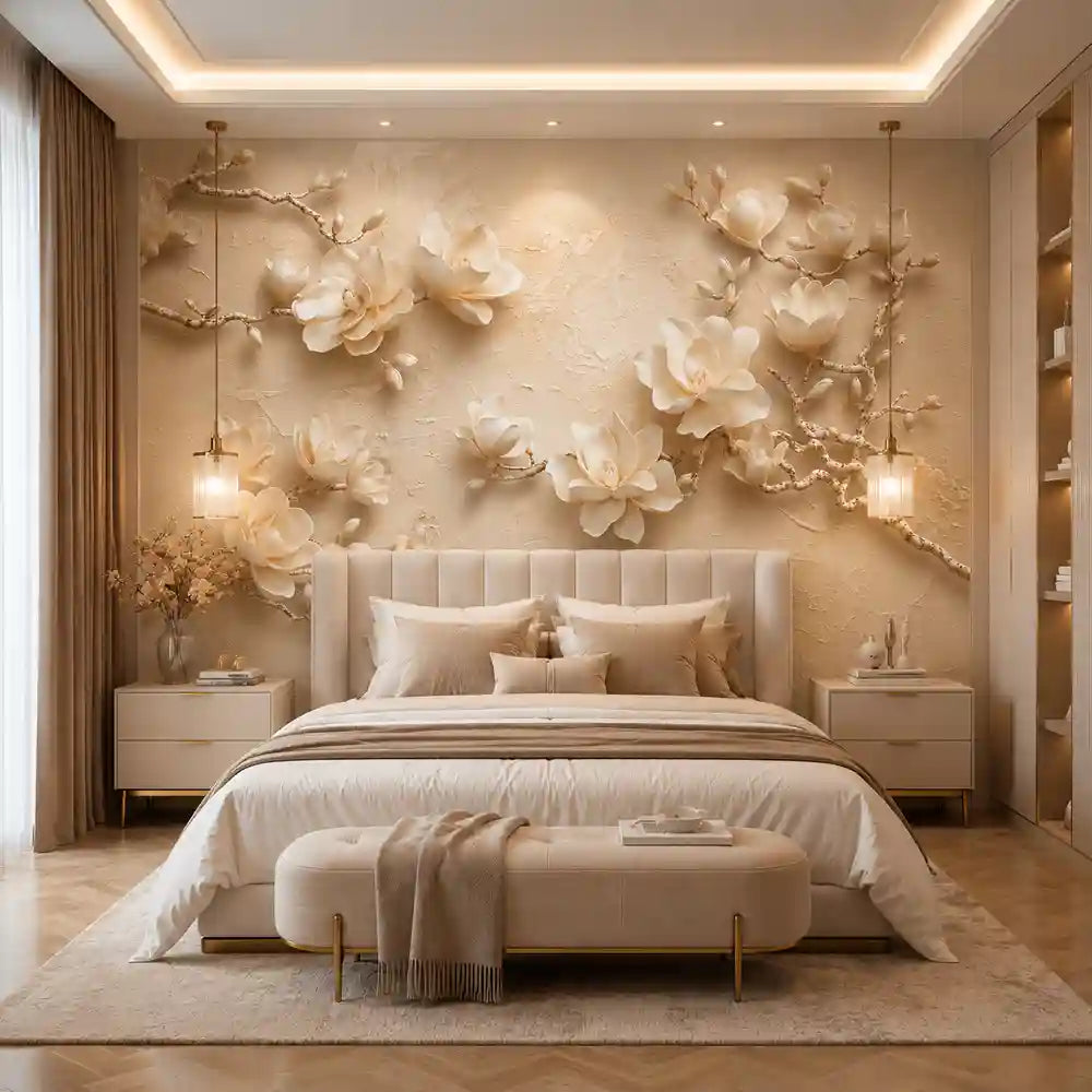 Sculpted magnolia mural above an upholstered bed in an elegant ivory bedroom