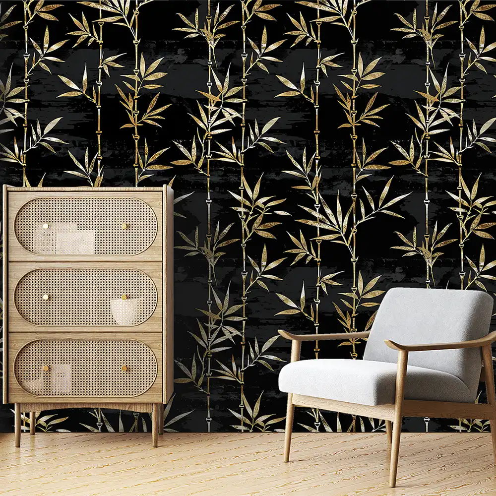 Elegant black and gold bamboo wallpaper sticker for feature wall decor looks refined.