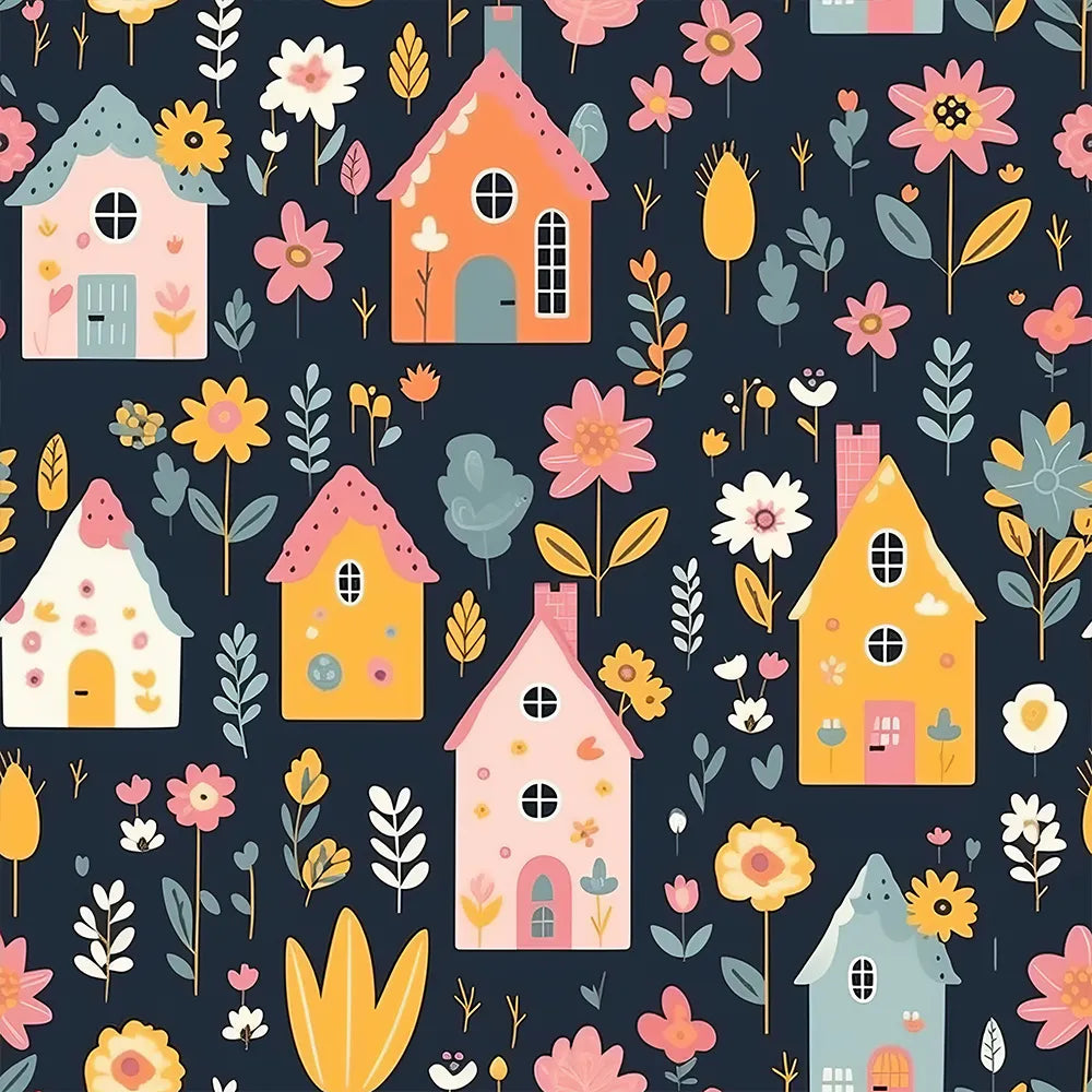 Elegant colorful houses and floral kids room nursery wallpaper feels lively.