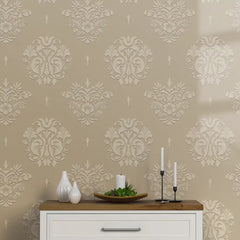 Damask wallpaper in charcoal colorway, sophisticated moody bedroom feature wall