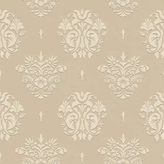 Classic ornamental damask wallpaper sample showing cream ground with gold damask motif