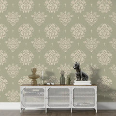 Classic damask peel-and-stick wallpaper close-up showing intricate medallion repeat detail