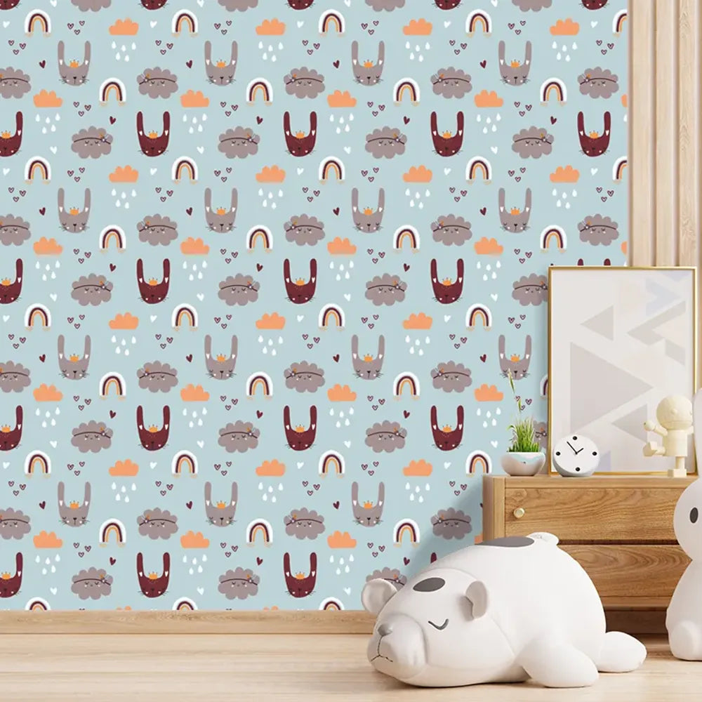Elegant dreamy bunny and rainbow kids room nursery wallpaper suits calm interiors.