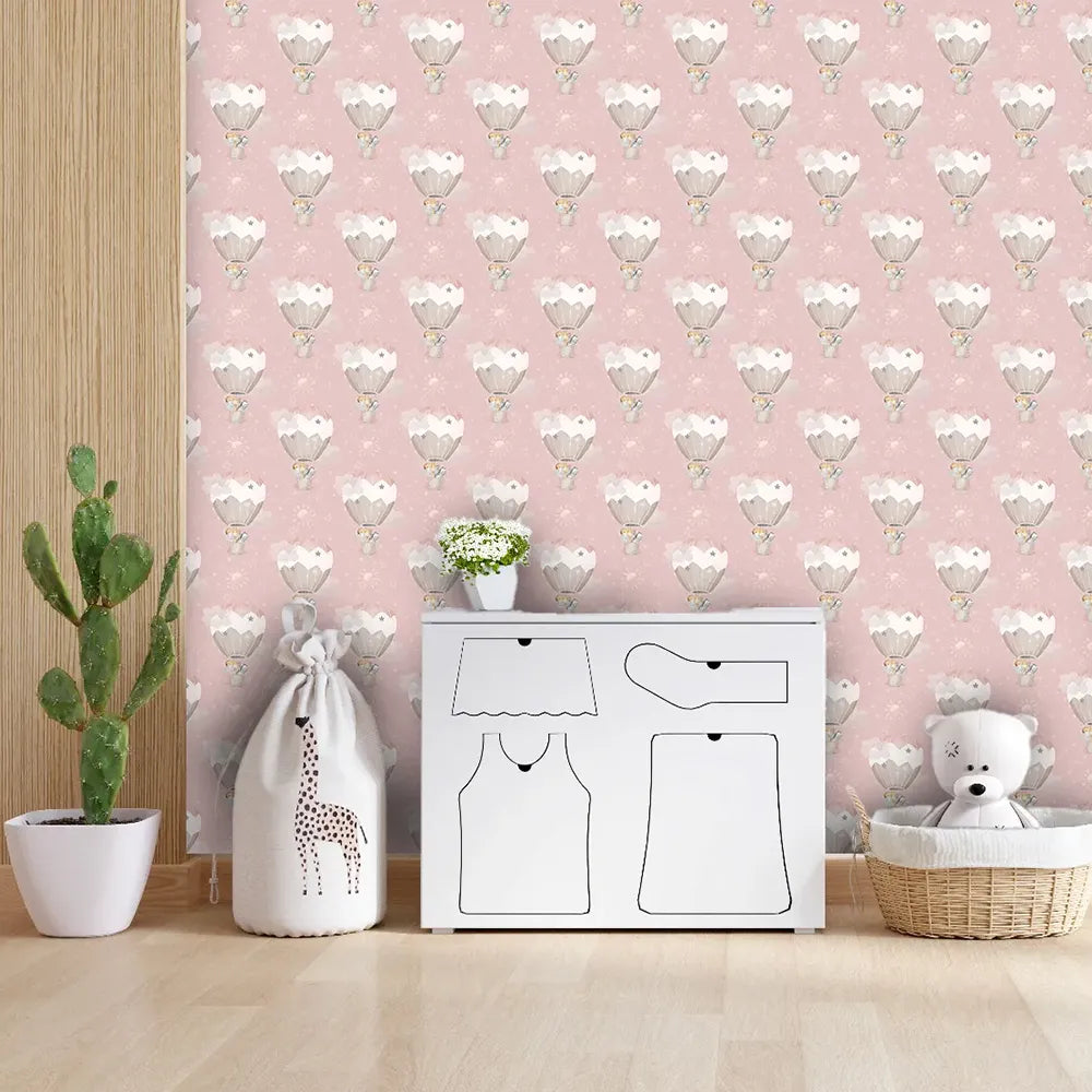 Elegant dreamy hot air balloon kids room nursery wallpaper looks stylish.