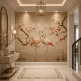 Pink flamingo mural wall in an elegant hallway with marble floor and gold accents