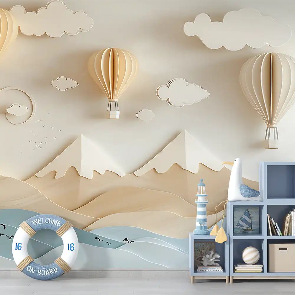 Elegant hot air balloon nursery wallpaper sticker for feature wall decor adds charm.