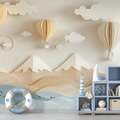 Elegant hot air balloon nursery wallpaper sticker for feature wall decor adds charm.