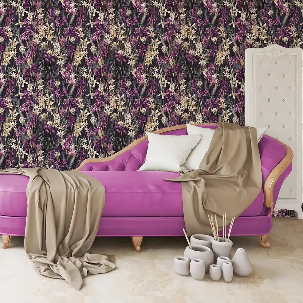 Elegant midnight orchid floral wallpaper creates a bold luxury statement.