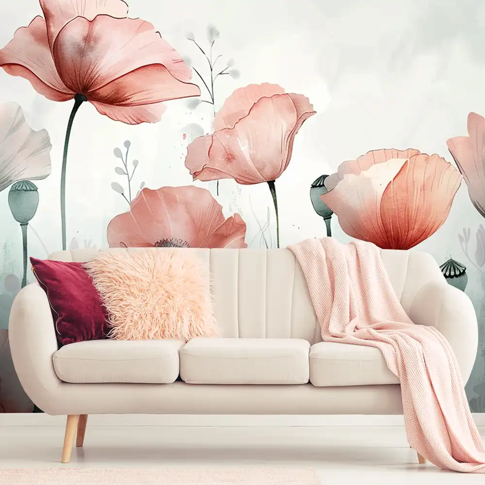 Elegant minimal watercolor floral wall mural sticker for bedroom wall decor creates softness.