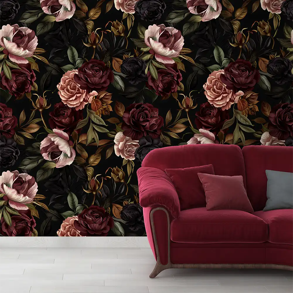 Elegant Moody Dark Rose Botanical Wall Mural ideas for your home.