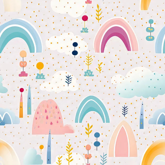 Elegant pastel rainbow and cloud kids room nursery wallpaper softens interiors.