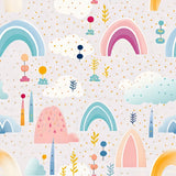 Elegant pastel rainbow and cloud kids room nursery wallpaper softens interiors.