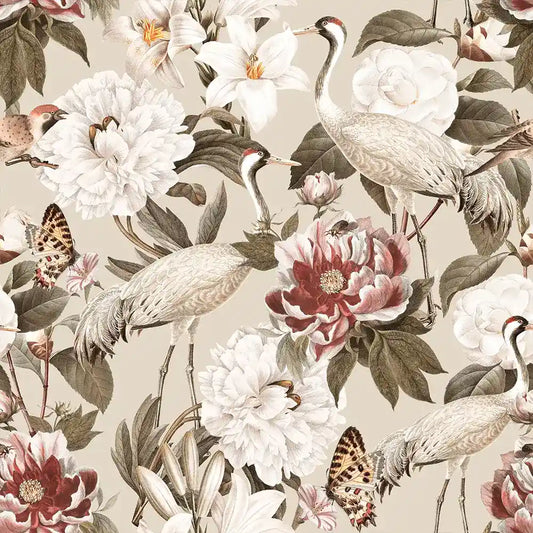 Elegant vintage crane and peony botanical wallpaper transforms feature walls beautifully.