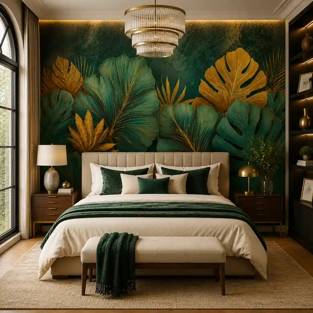 Luxury tropical wall mural bedroom installation, emerald and gold full wall view